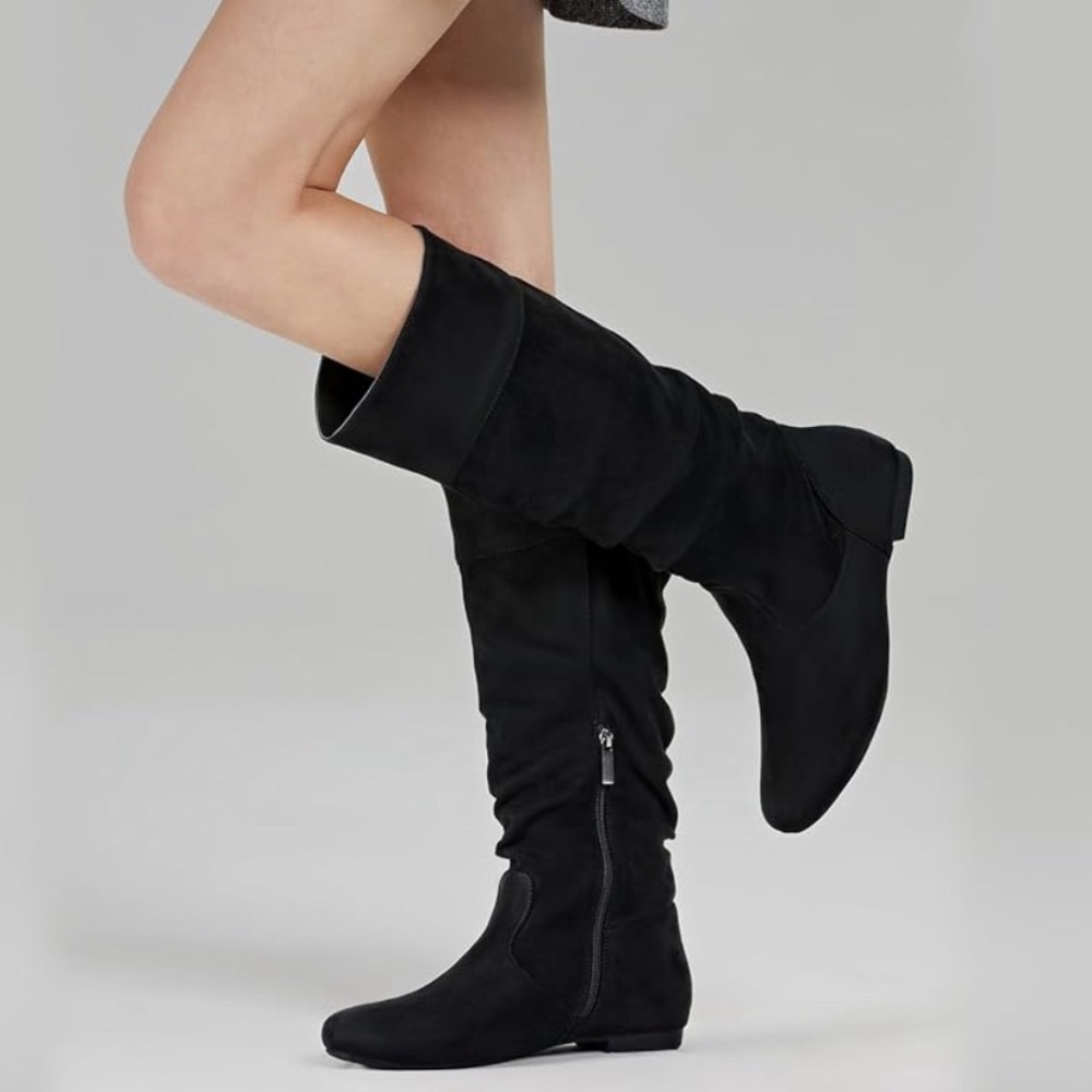 Rollda Women's Slouchy Knee High Boots Pull On Flat Boots Side Zipper (Size 7.5)
